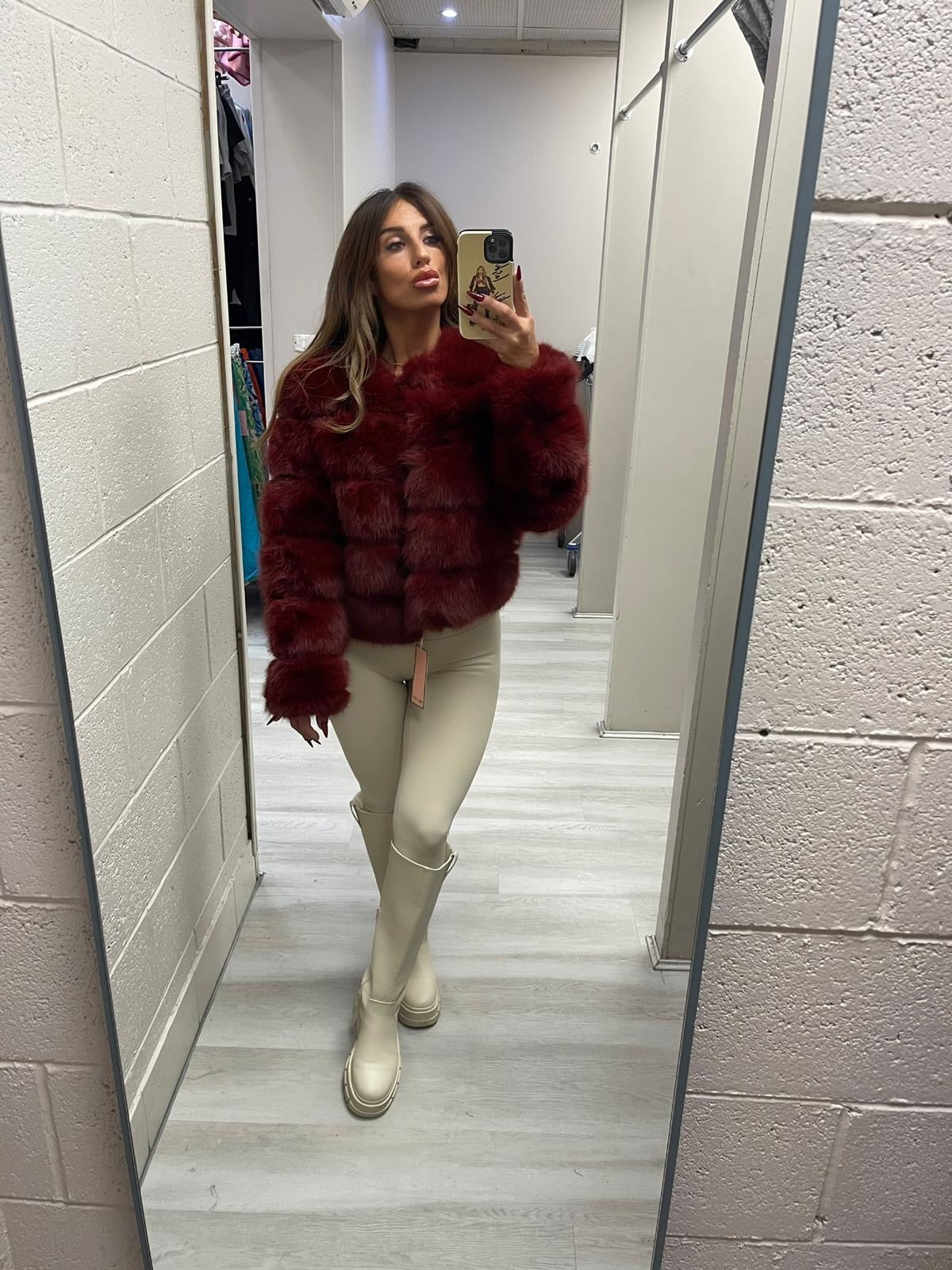 Burgundy faux fur panel jacket