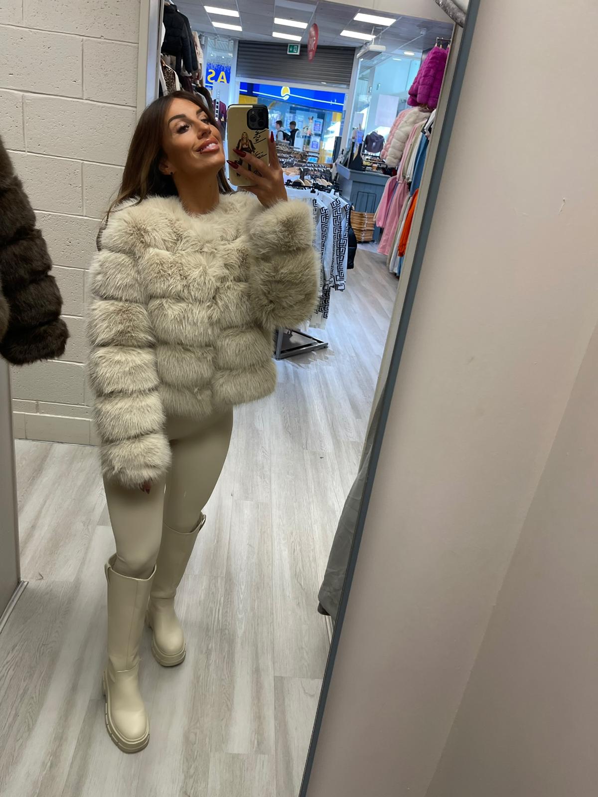 beige faux fur panel jacket