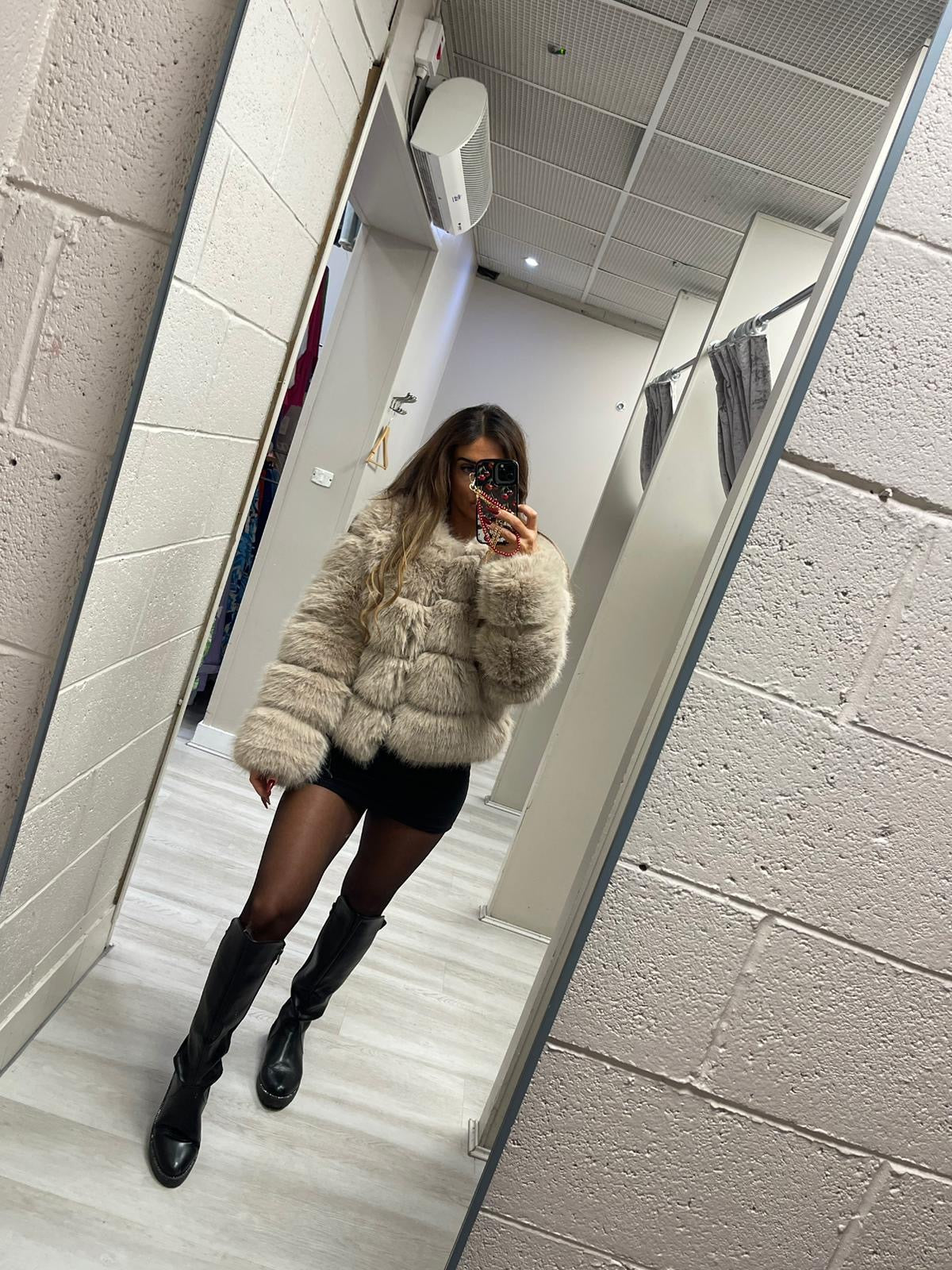 Exclusive mocha faux fur panel jacket