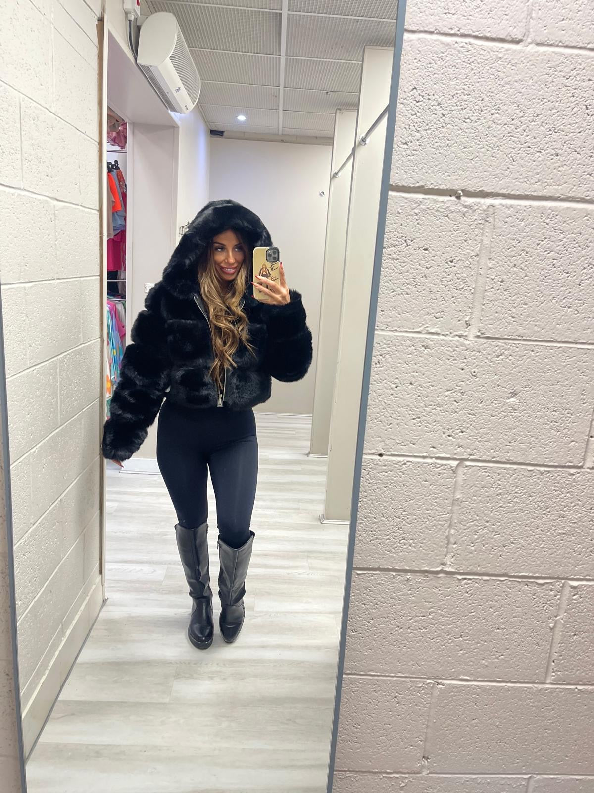 Black Premium faux fur hooded jacket