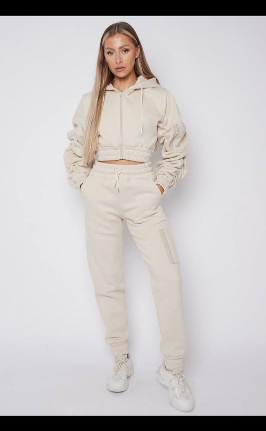 Oatmeal Ruched Sleeve Crop Zip Tracksuit