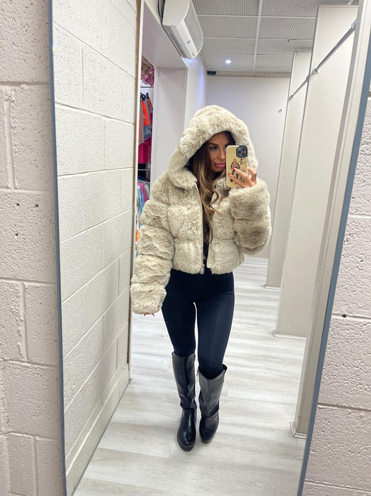 Beige premium faux fur hooded jacket