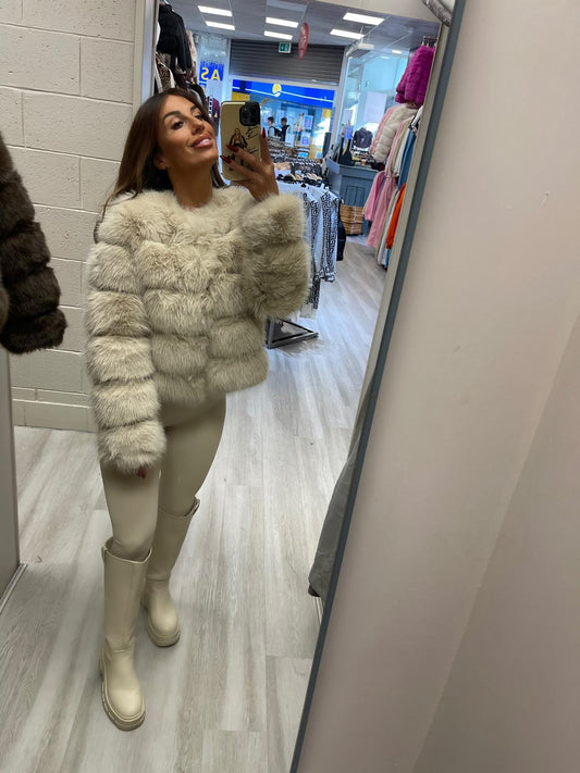 beige faux fur panel jacket
