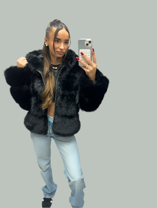 Black hood faux fur jacket