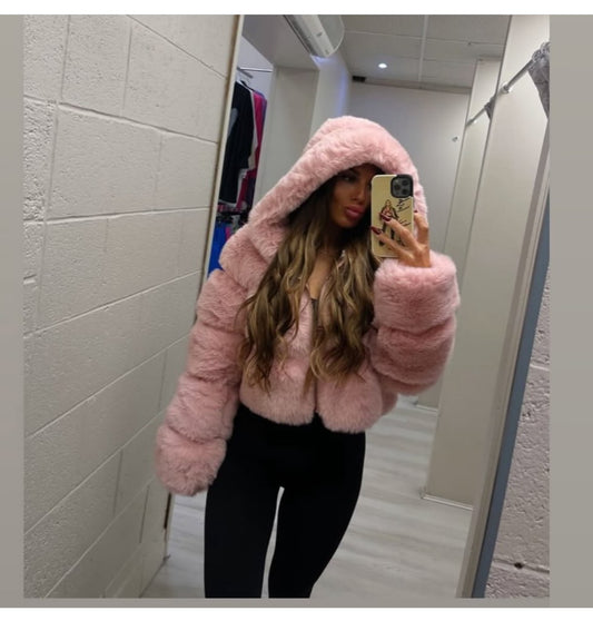 Blush Pink premium faux fur hooded jacket