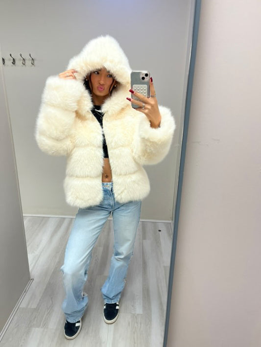 Cream hood luxury fur jacket