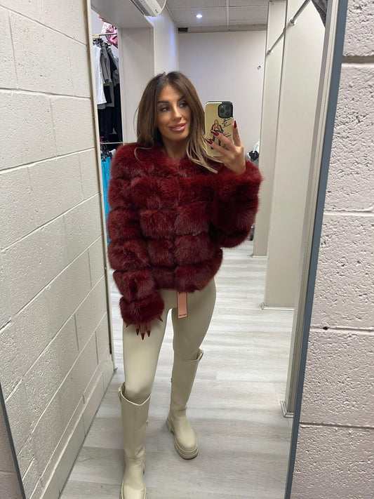 Burgundy faux fur panel jacket