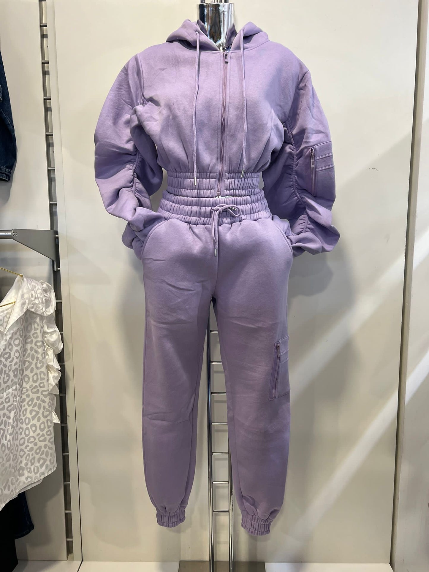 Lilac Ruched Sleeve Crop Zip Tracksuit