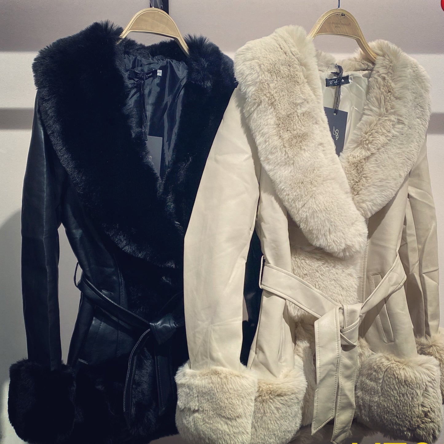 Pu faux fur jacket (black&cream)