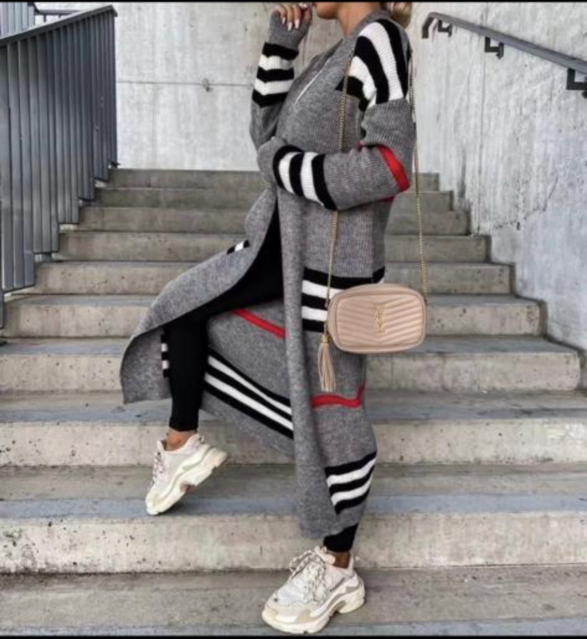 Stripe Knit Cardi Grey
